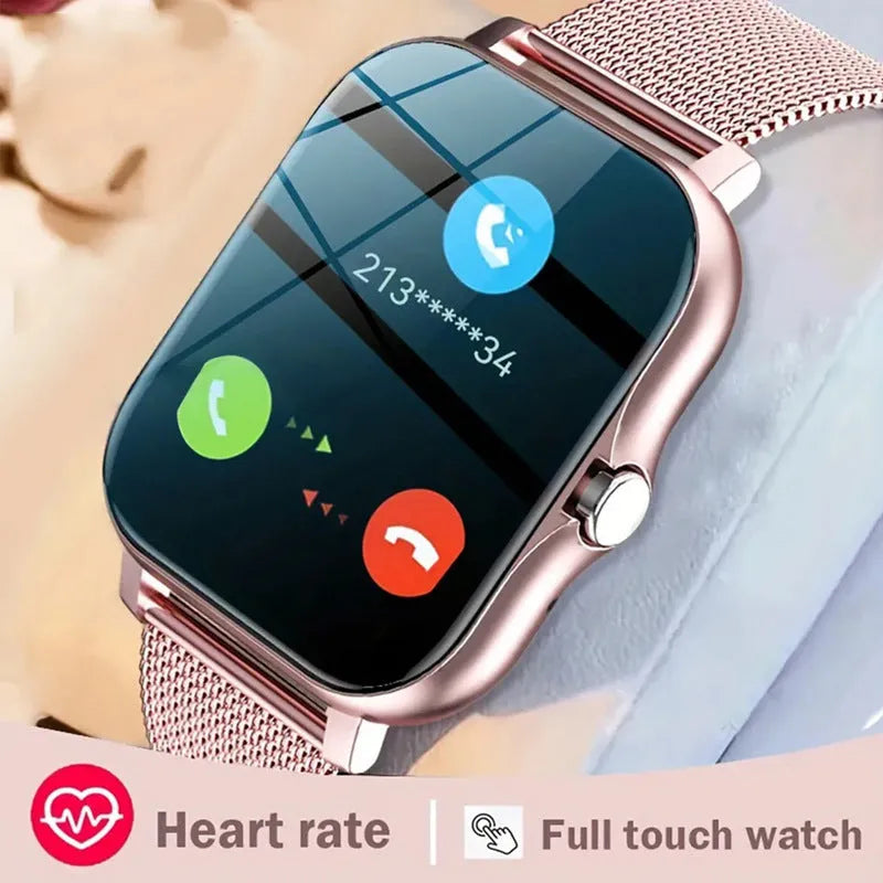 Smart watch with full touch screen and silicone strap in various colours showing Bluetooth calling and fitness tracking features
