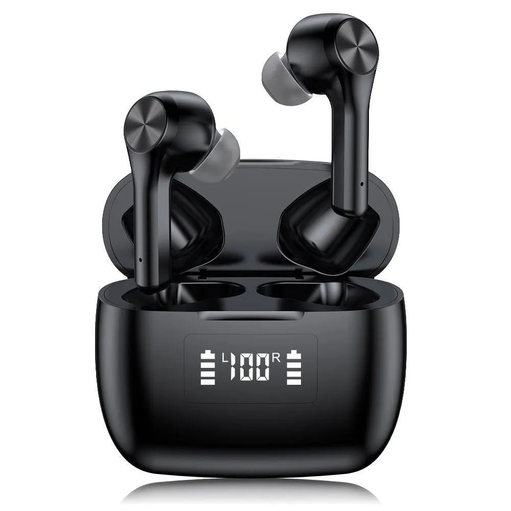 Cool black wireless earbuds with touch controls and charging case on white background