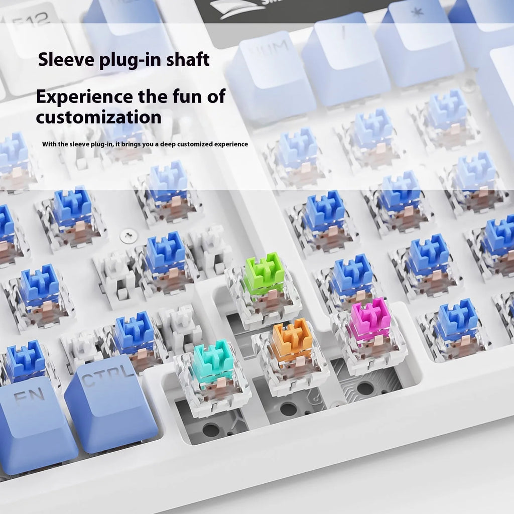 SK15 wired mechanical keyboard with central control knob in Autumn Water Blue colour on a desk.