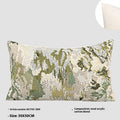Green abstract plants and flowers pattern wool blend cushion cover on a sofa, showing square and waist pillow sizes.