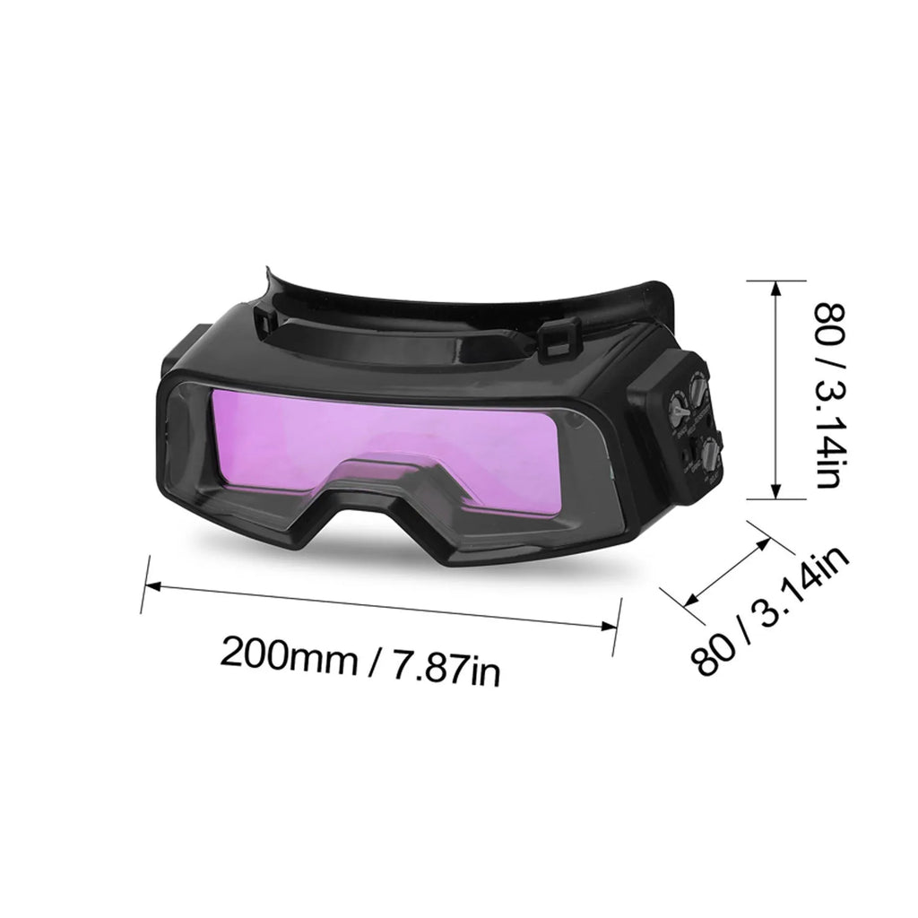 Black automatic darkening welding mask with large viewing lens and head strap.