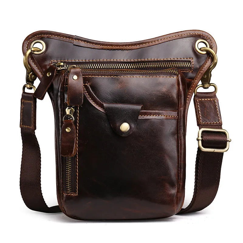Men's brown genuine crazy horse leather vintage satchel bag with adjustable strap and flap closure.