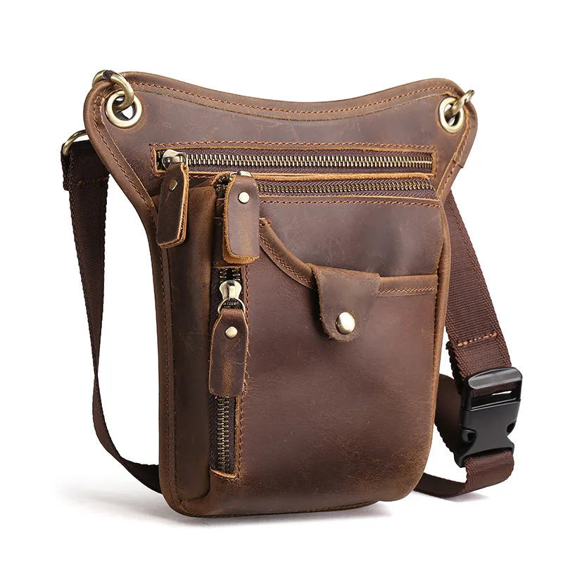 Men's brown genuine crazy horse leather vintage satchel bag with adjustable strap and flap closure.