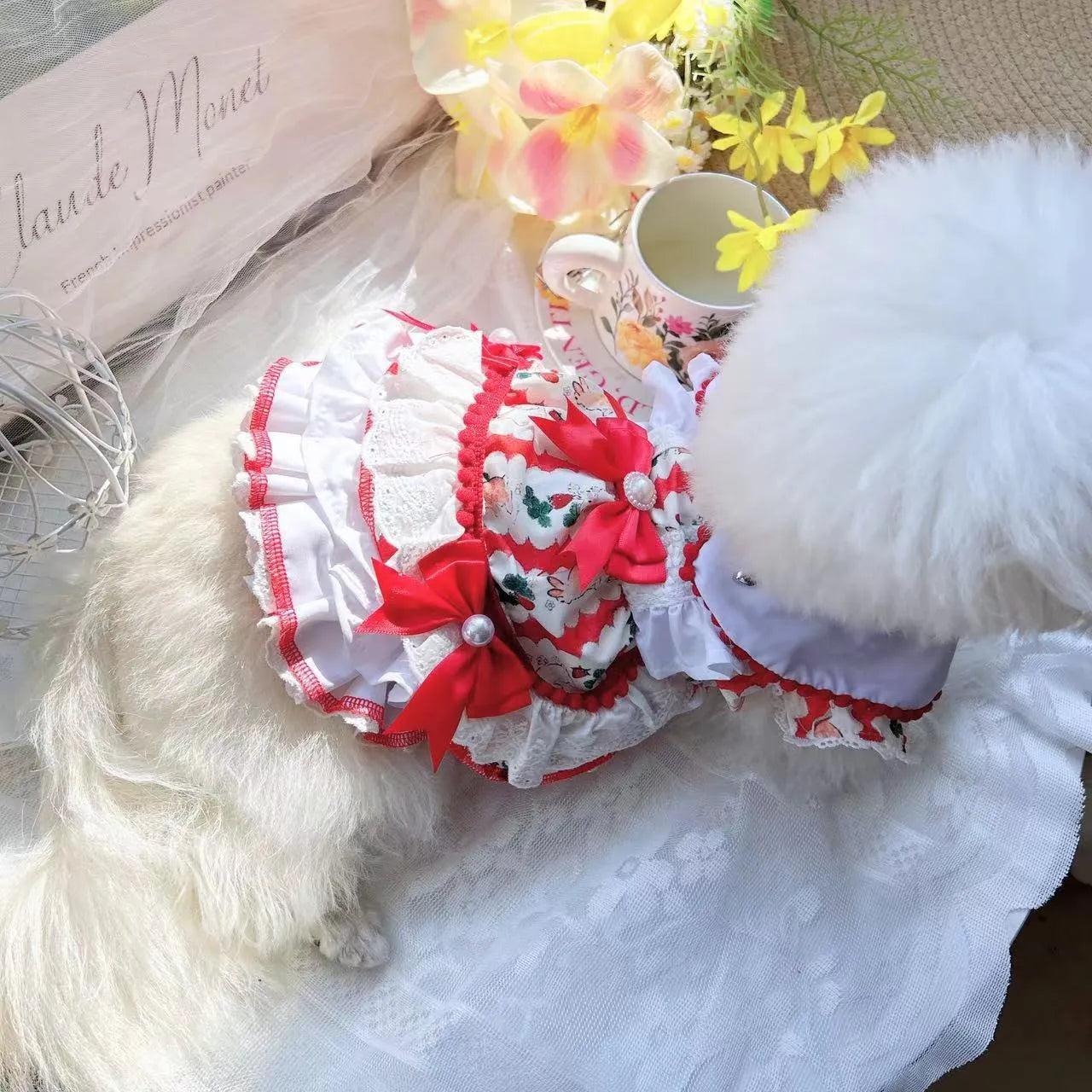 Rabbit skirt princess style dog costume in polyester shown in multiple sizes from XS to XL.