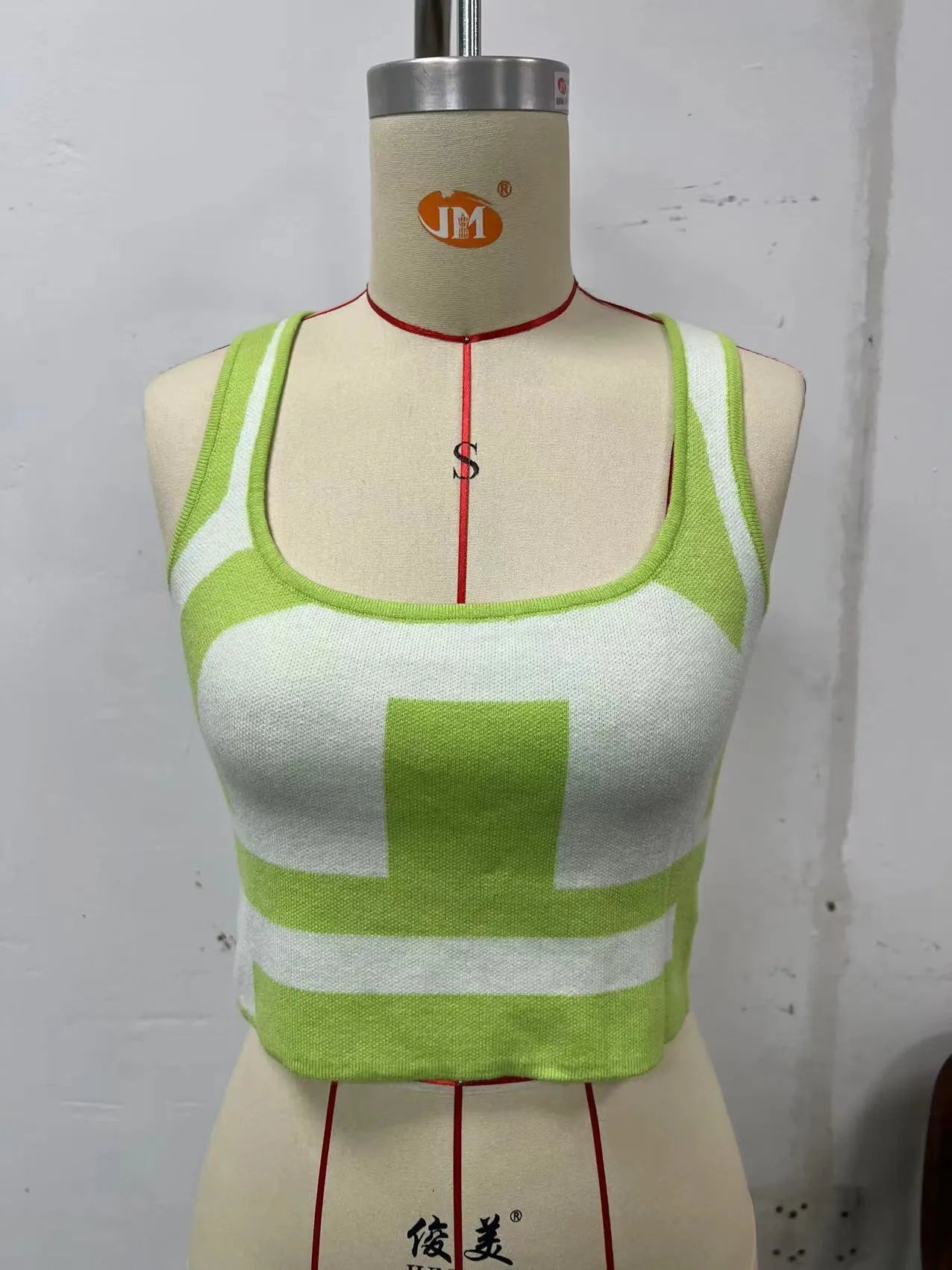 Women's U-neck camisole top with contrast colour trim in core-spun polyester fabric