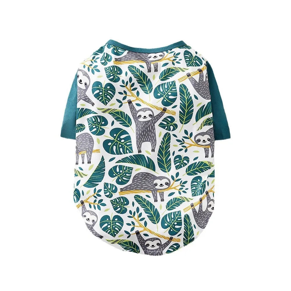 Printed polyester dog t-shirt for small dogs showing colour patterns and size options with weight guidance