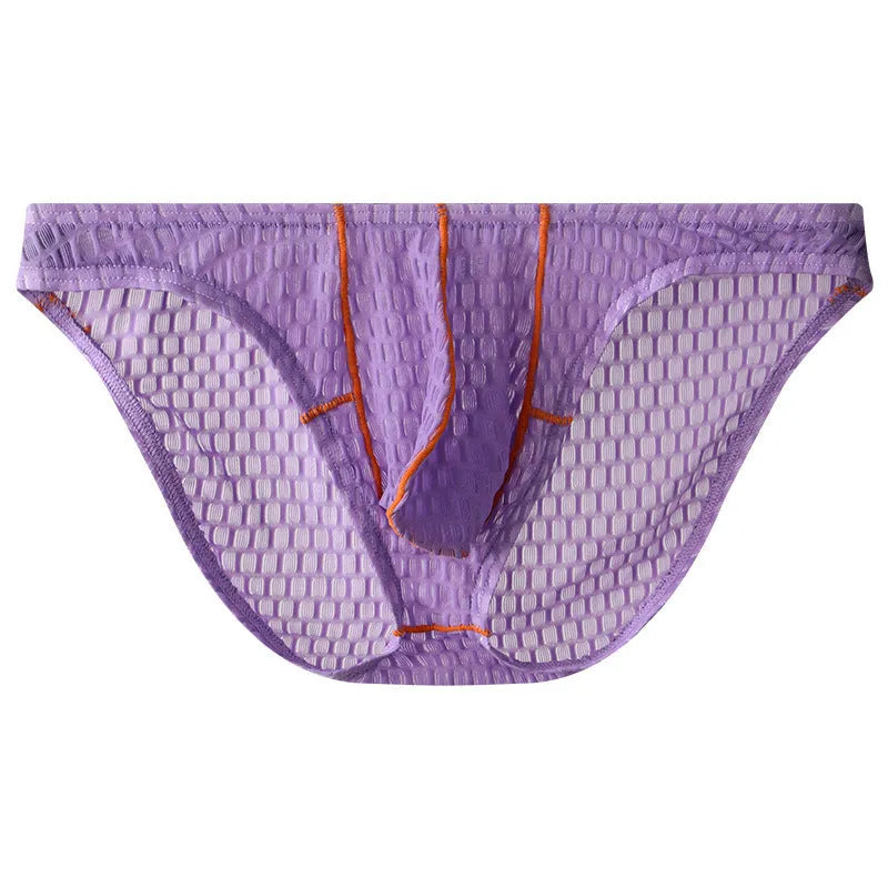Men's low waist briefs in solid colour with ice silk fabric and lace trim details
