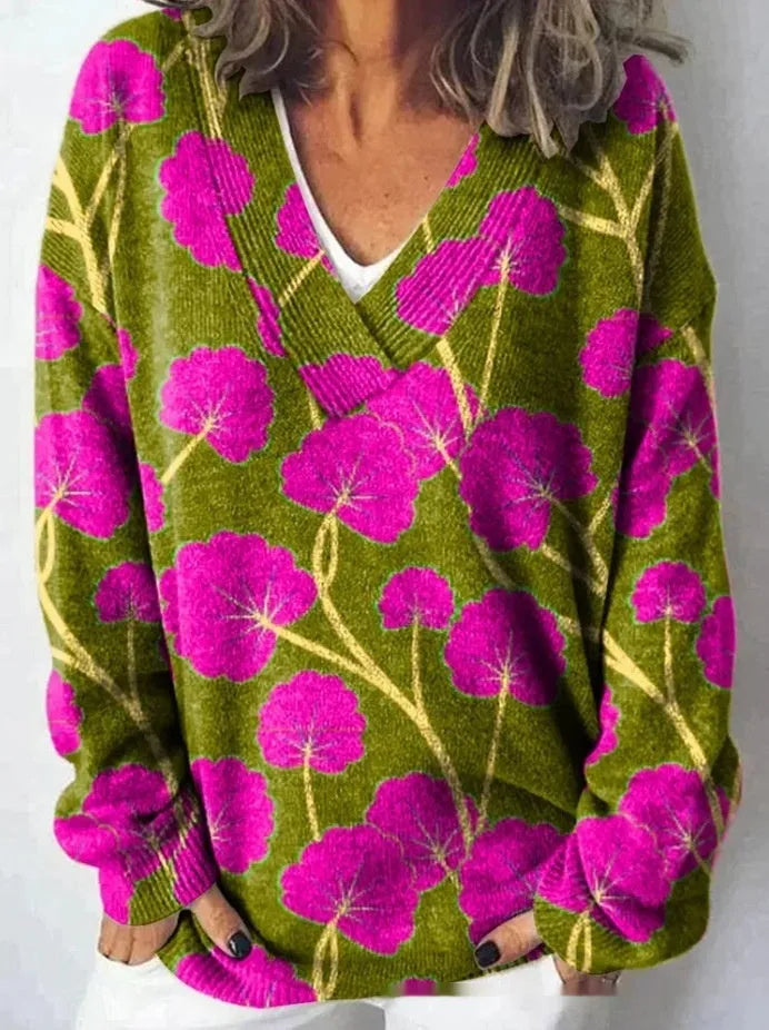Women's retro-style V-neck sweatshirt with a 3D floral pattern print and long sleeves.