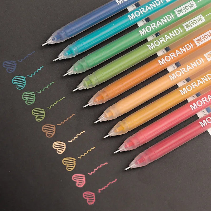 Set of nine cute Japanese colour gel pens with 0.5mm needle tips in retro packaging
