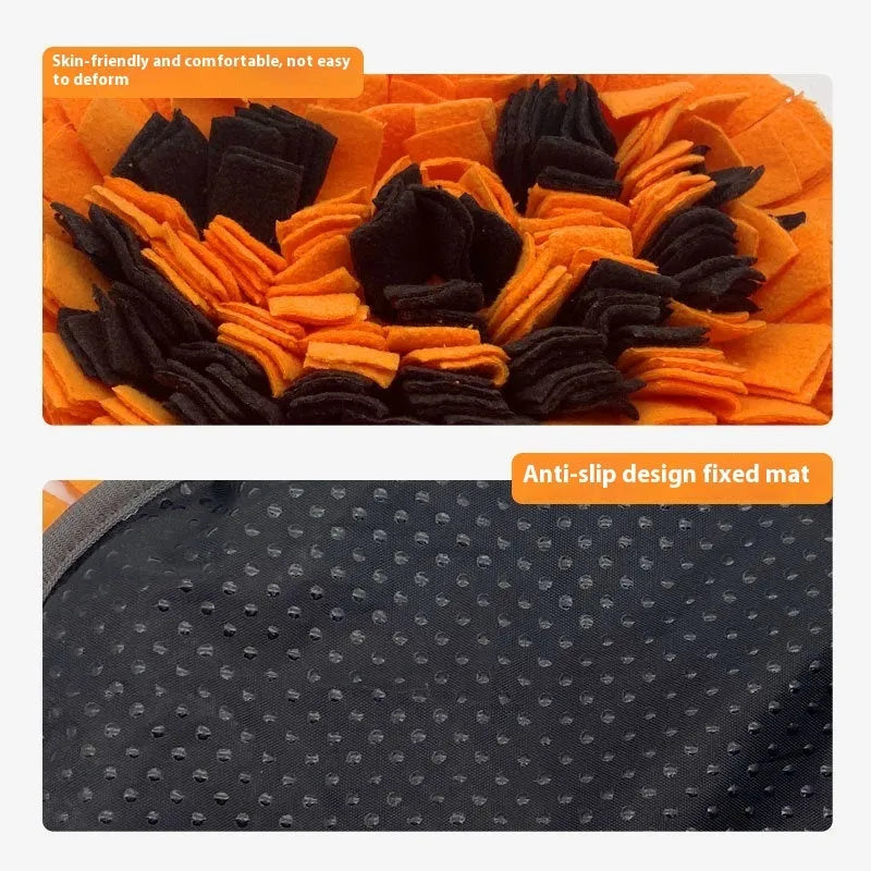 Orange polar fleece pet slow feeder mat with pumpkin-shaped pads for dog or cat food.