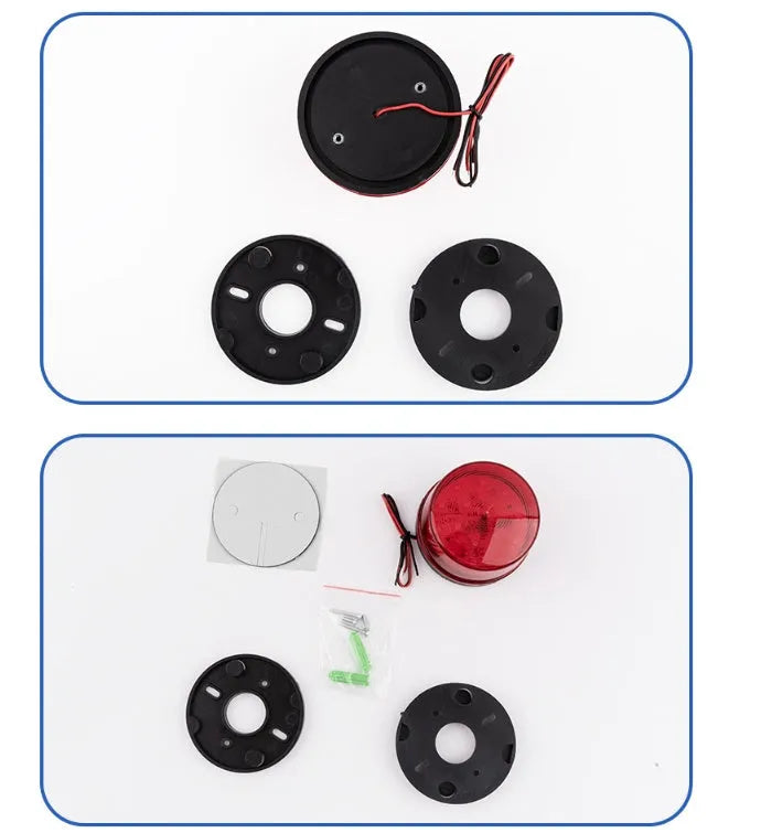 Small cylindrical warning alarm light with flashing beacon and audible alert for fire protection systems