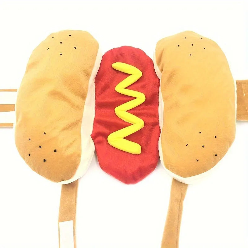A dog wearing a plush hot dog costume with a back hook and loop closure.