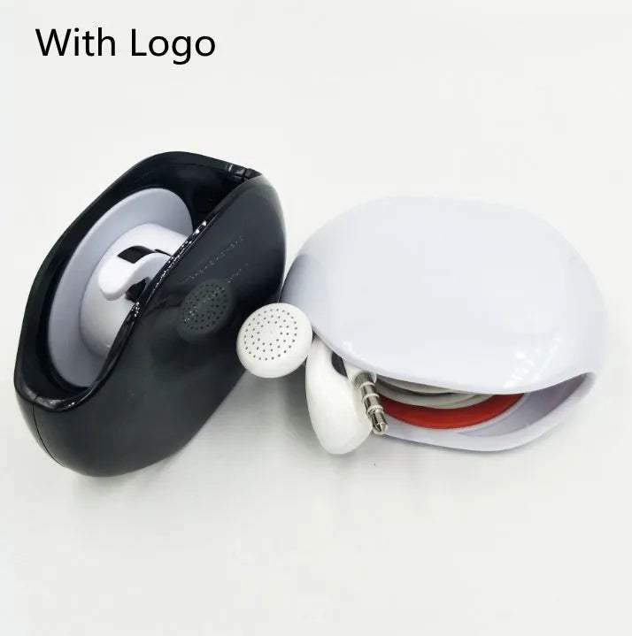 Automatic earphone cable winder retractor in a compact plastic case.