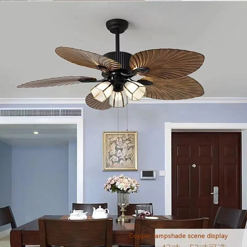 Retro-style ceiling fan light with wooden blades and integrated lighting fixtures