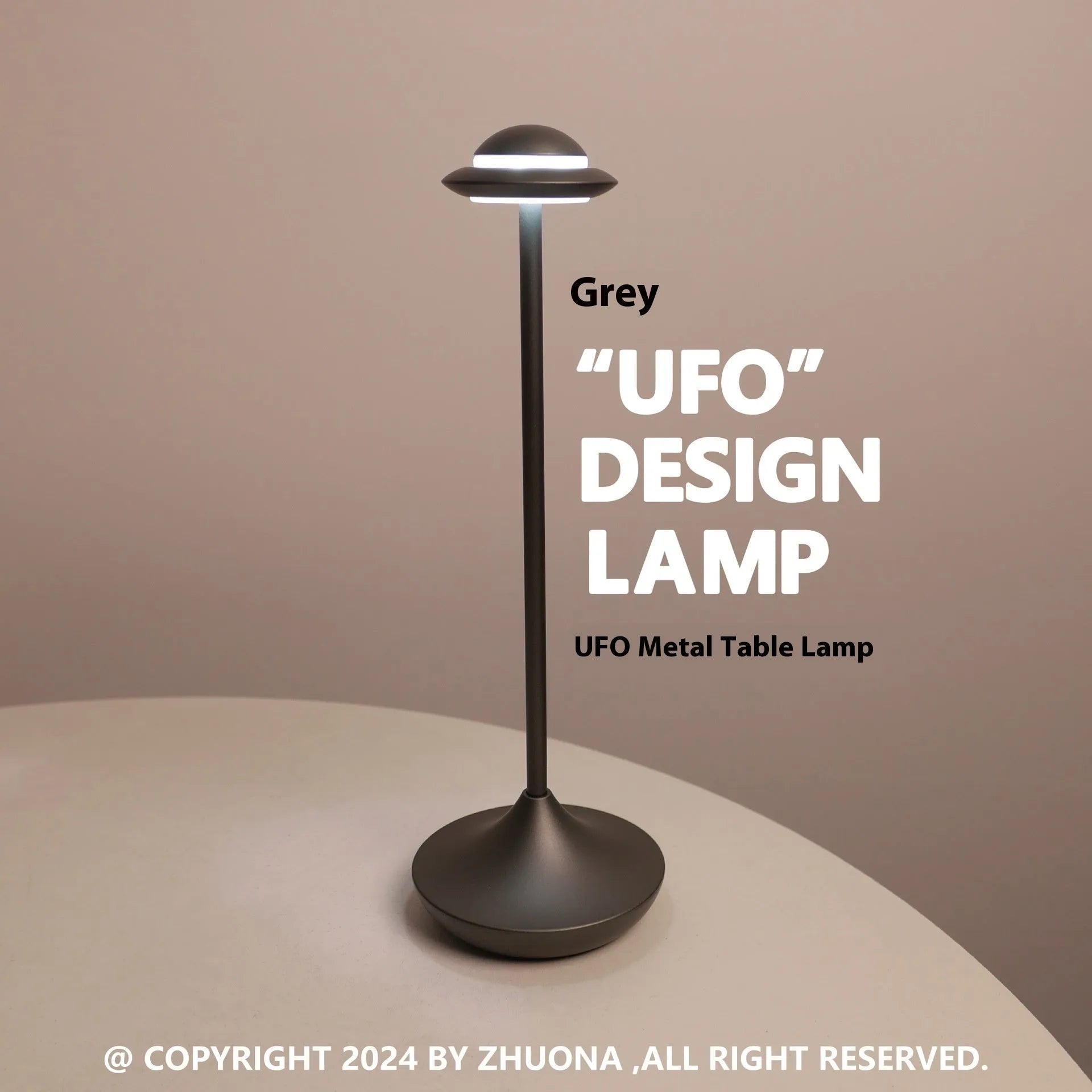 Modern creative UFO-shaped metal desk lamp with touch controls in black, gold, or grey finish.