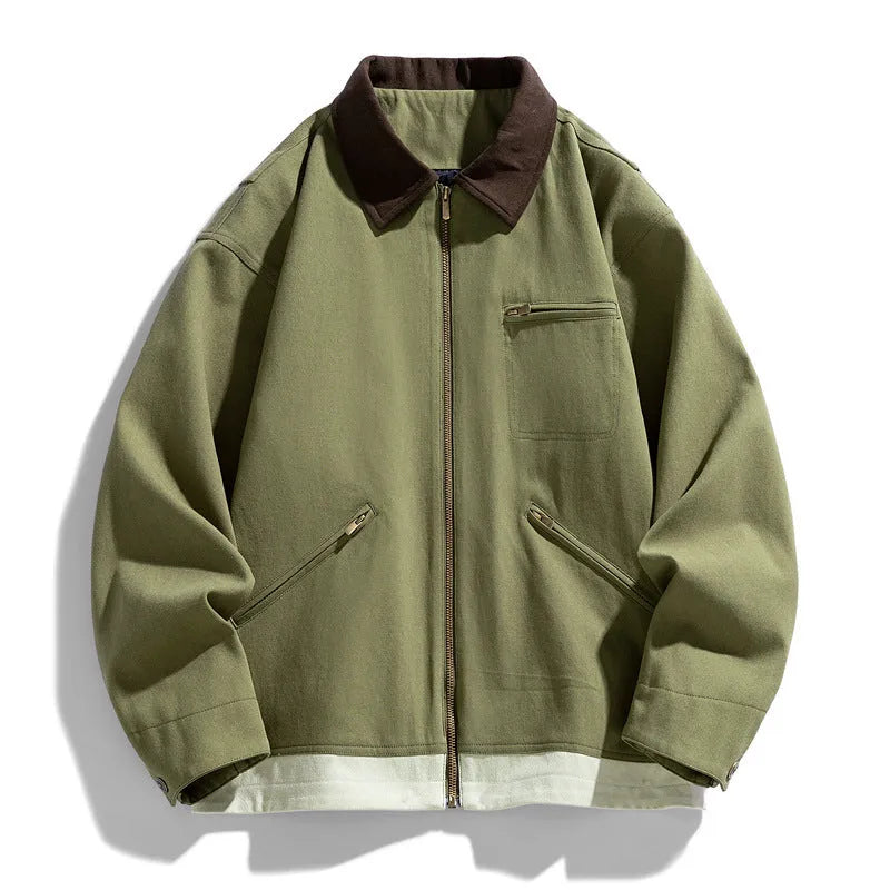 Men's loose fit Korean style autumn jacket with contrast colour lapels in polyester fabric.