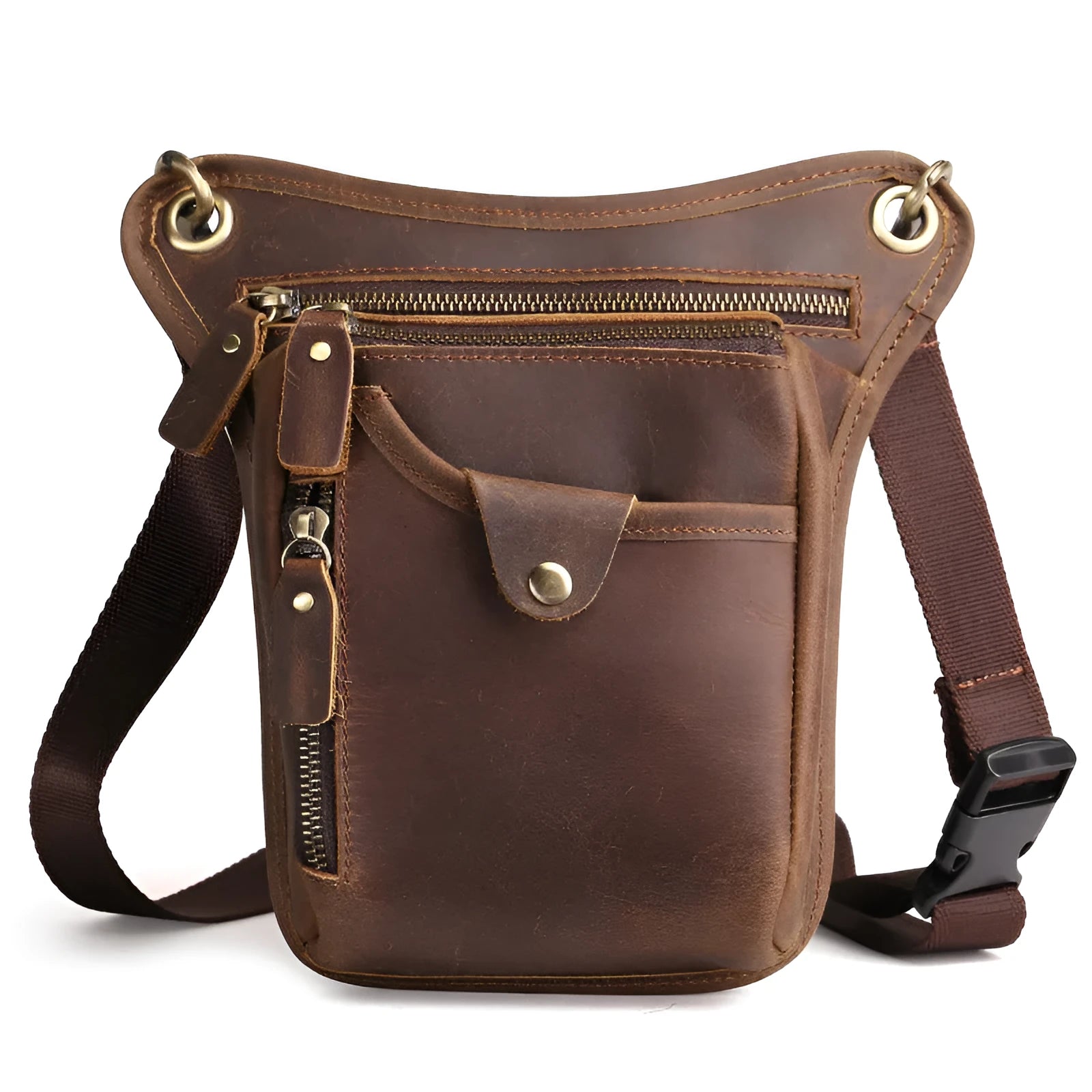 Men's brown genuine crazy horse leather vintage satchel bag with adjustable strap and flap closure.