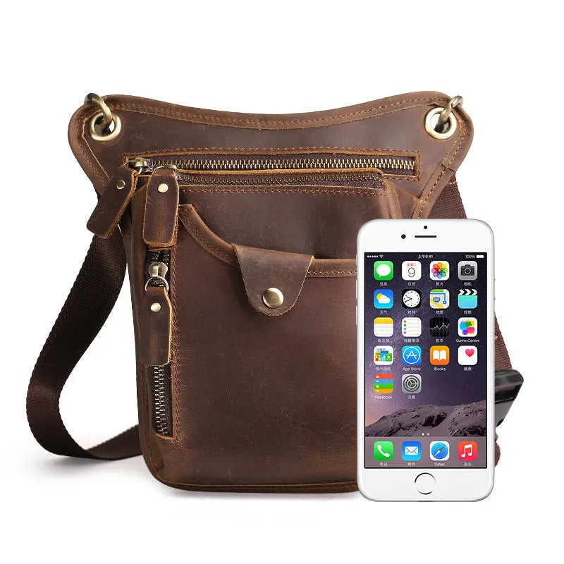 Men's brown genuine crazy horse leather vintage satchel bag with adjustable strap and flap closure.