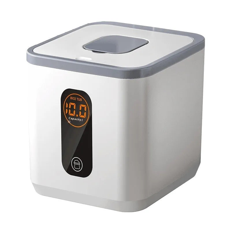 Grey plastic rice storage jar with sealed lid for insect and moisture protection
