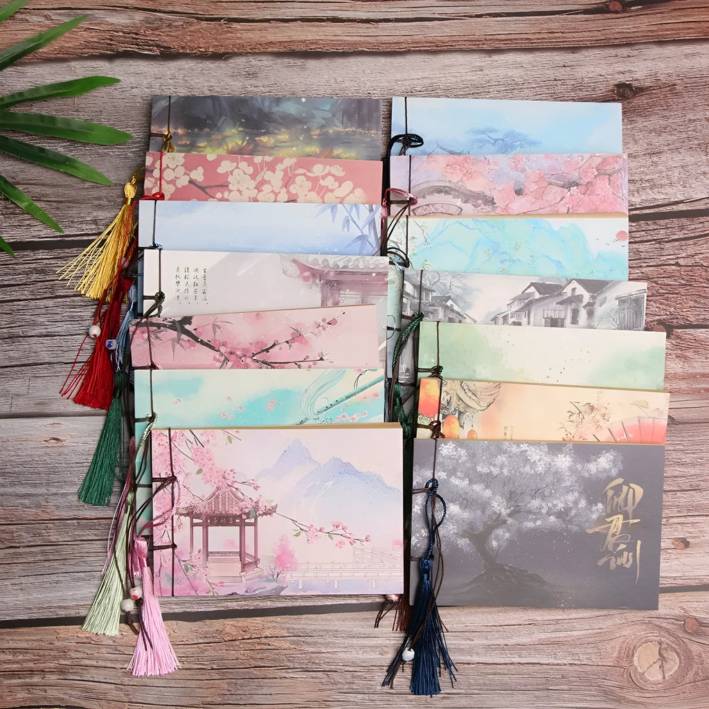 Blank kraft paper notebook with red tassel hand stitching, 12x14.5cm, open to blank page