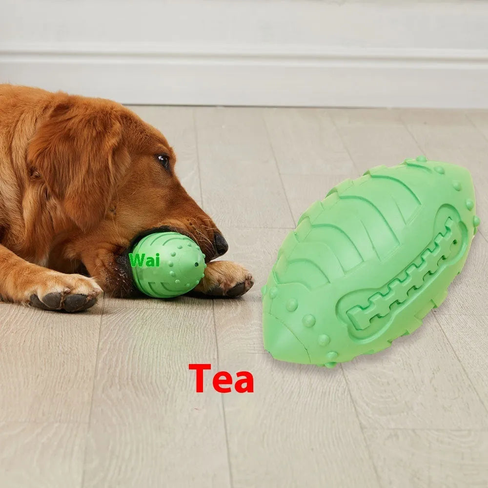 Light green thickened rubber rugby ball dog toy with textured surface for teeth cleaning.