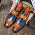 Men's British style retro buckle leather shoes in brown blue colour with tall crown design
