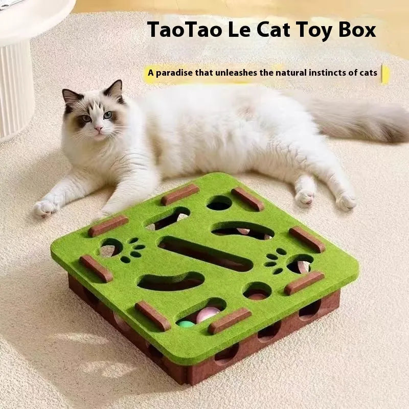 Wool felt cat scratching box toy in green brown colour, showing hollow square shape