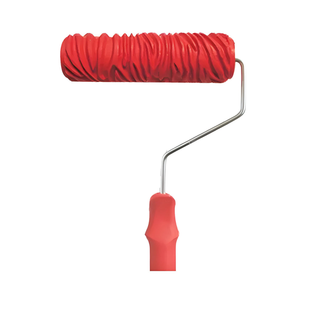 Red 7 inch texture paint embossing roller with rubber patterned head for DIY wall relief patterns