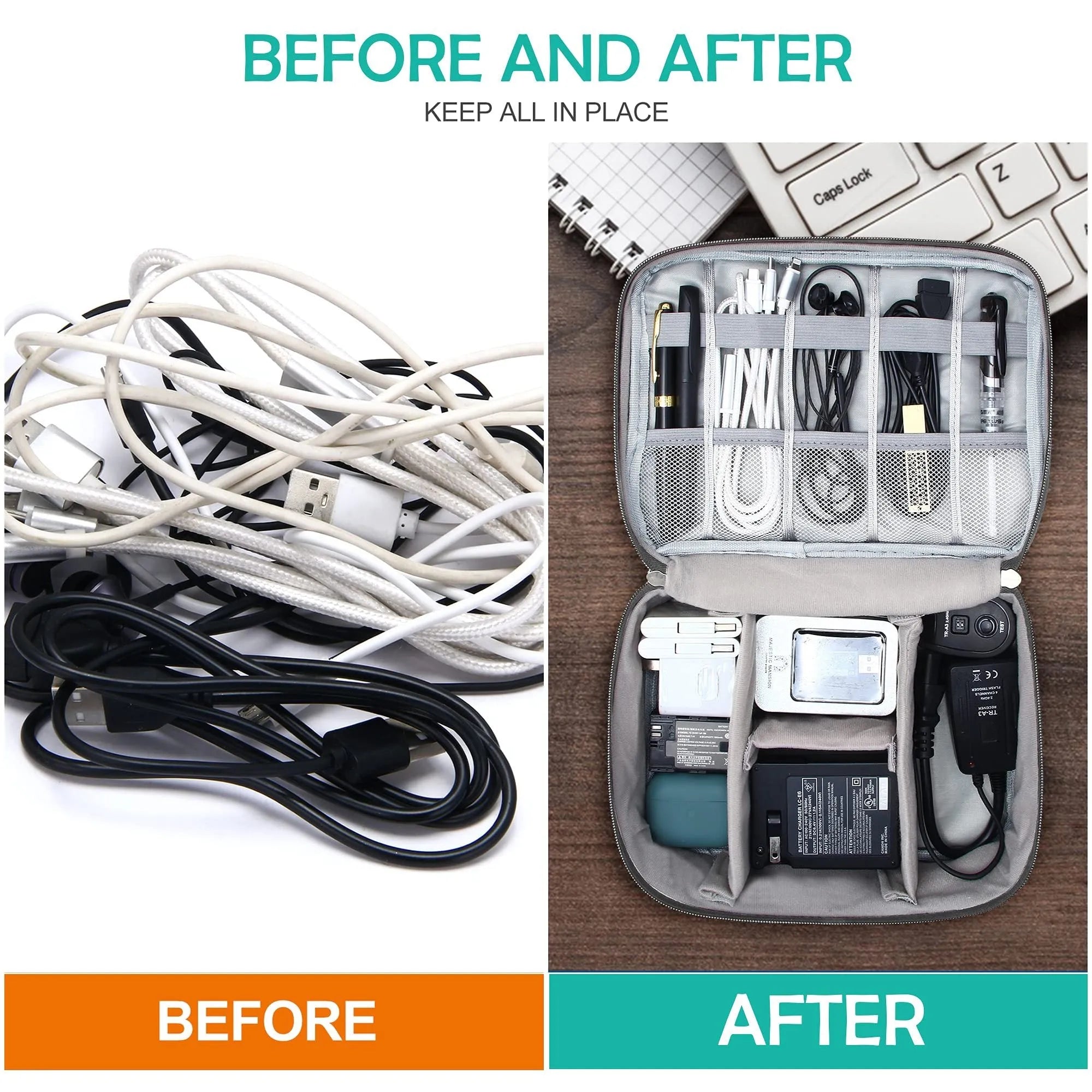 Black waterproof electronics organiser bag open to show mesh pockets, elastic loops and removable padded dividers inside.