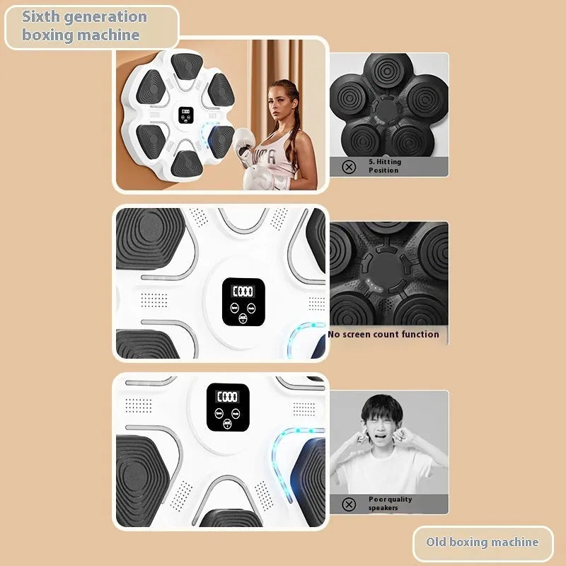 Smart electronic boxing wall target with lights, paired with black and white smart music focus gloves for adults and children.
