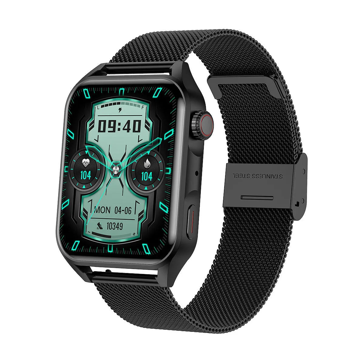 Smart watch with 1.8-inch AMOLED display showing watch face, silicone wrist strap, and magnetic charger