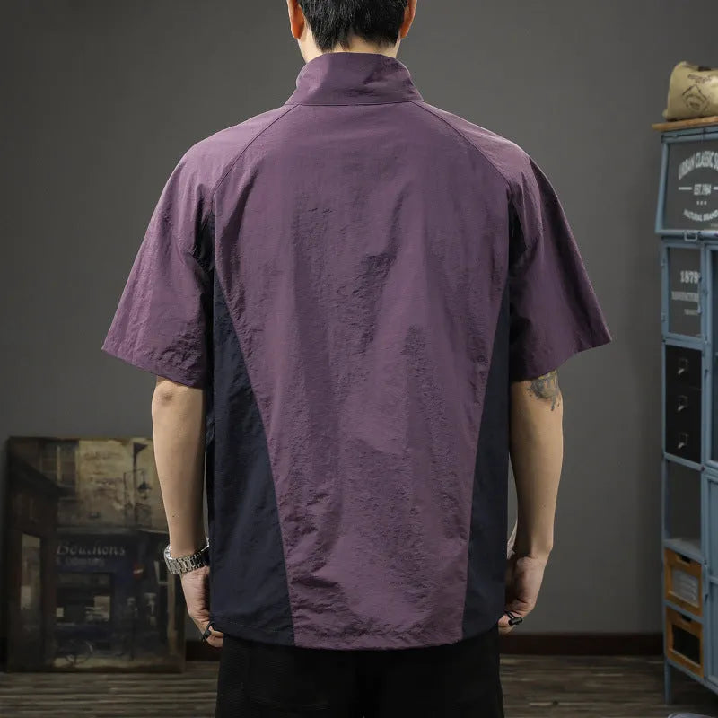 Men's short sleeve half-zip stand collar shirt in brown or purple ice silk fabric with loose fit