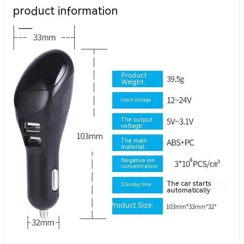 White car USB charger and negative ion air purifier with dual ports