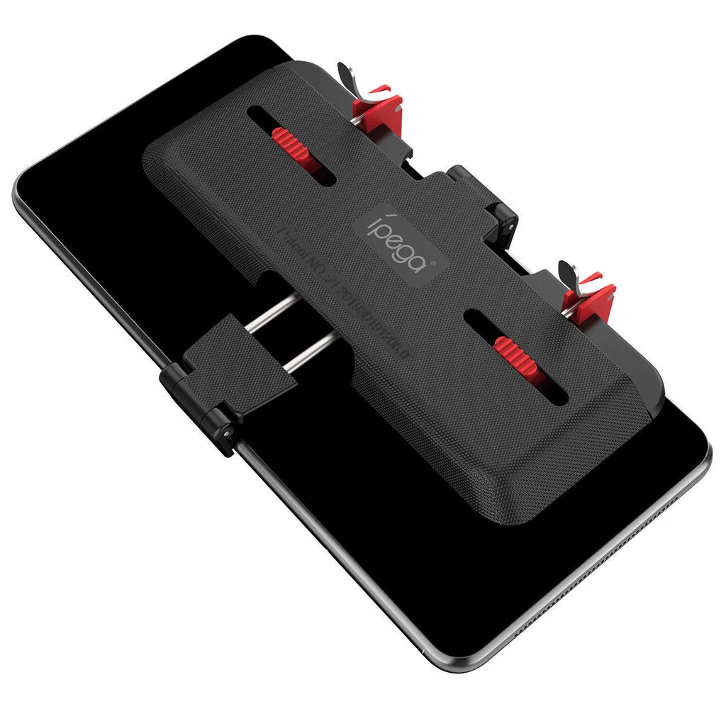 Black PG-9137 mobile game trigger with metal button and telescopic clip attached to a smartphone