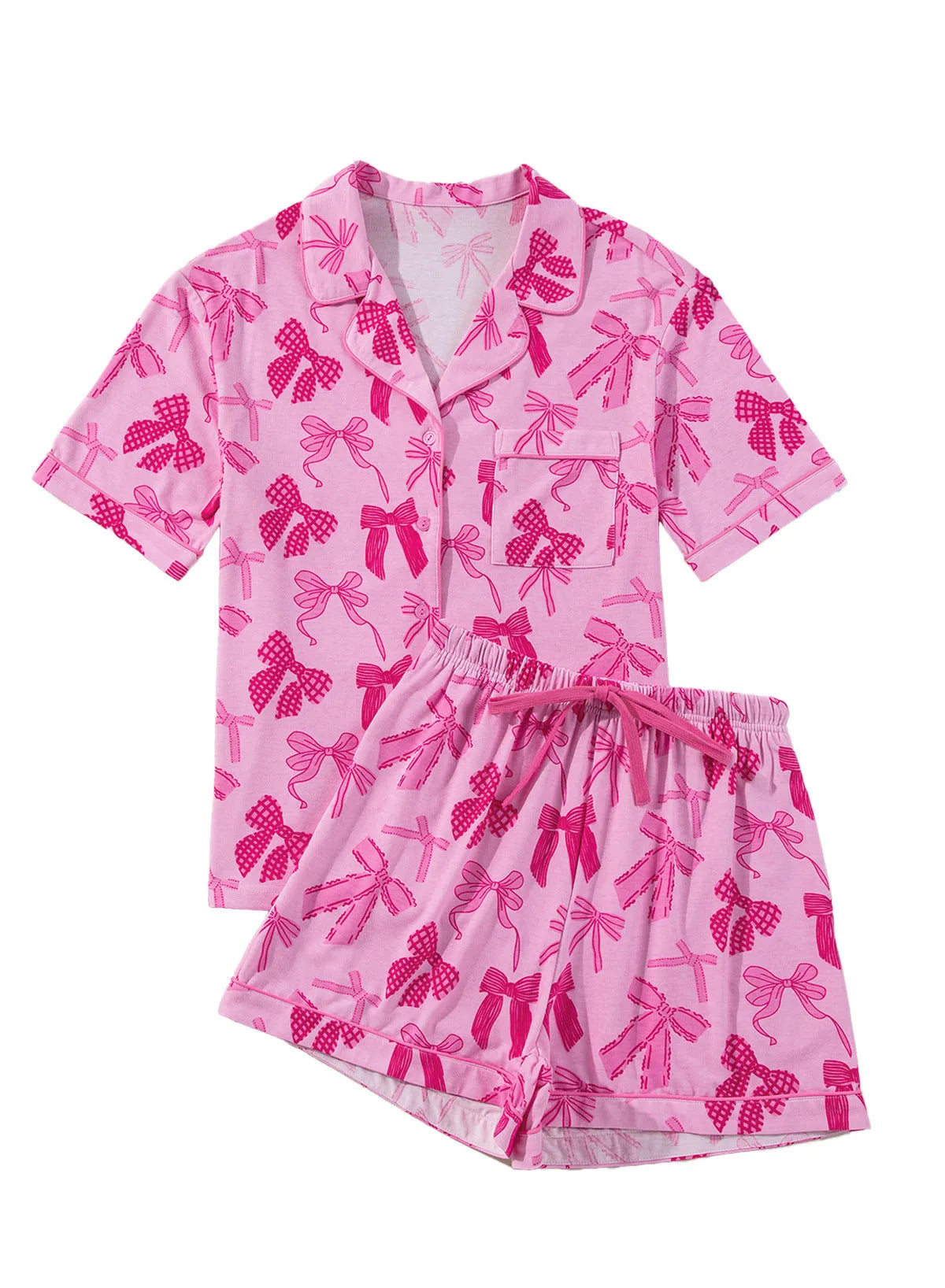 Women's pink bow print two-piece pajama set with simple casual style
