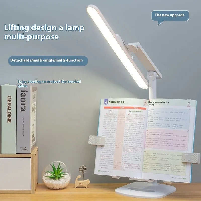 Multifunctional adjustable reading lamp on a bookshelf with charging cable