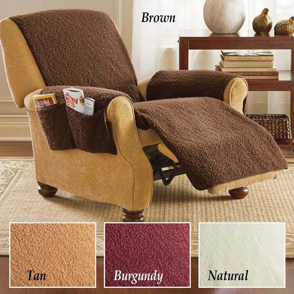 Lamb wool coloured polyester sofa cushion slipcover with elastic edges shown on a cushion.