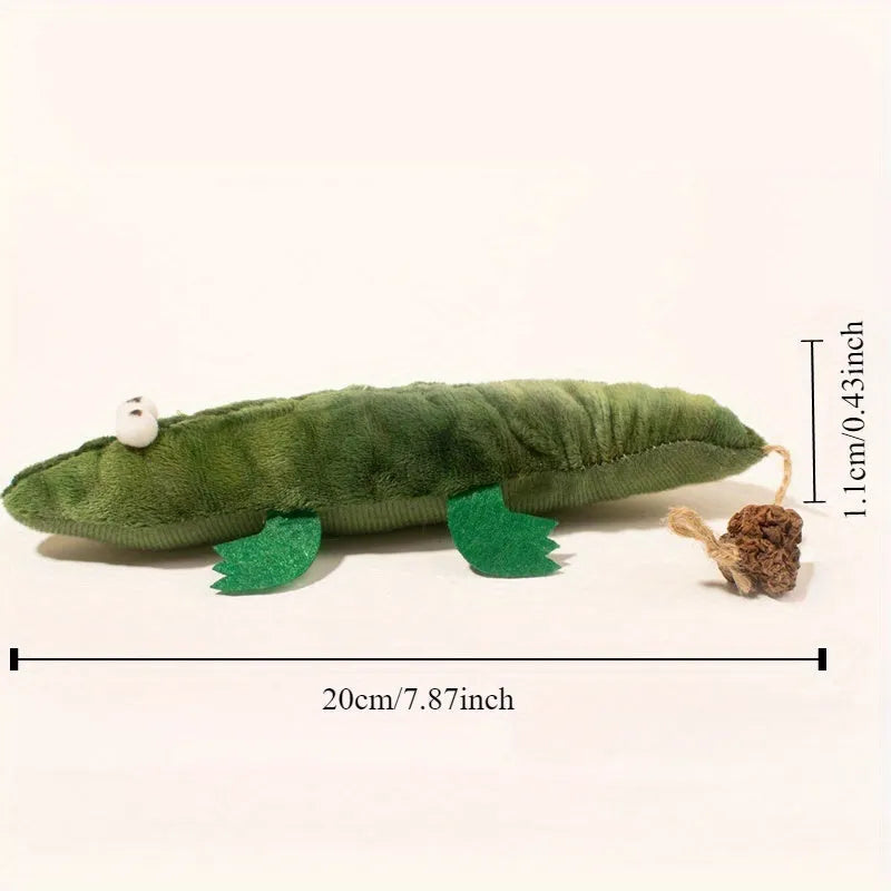 Green plush alligator cat toy with catnip and peppermint scent, shown at 30 cm scale.