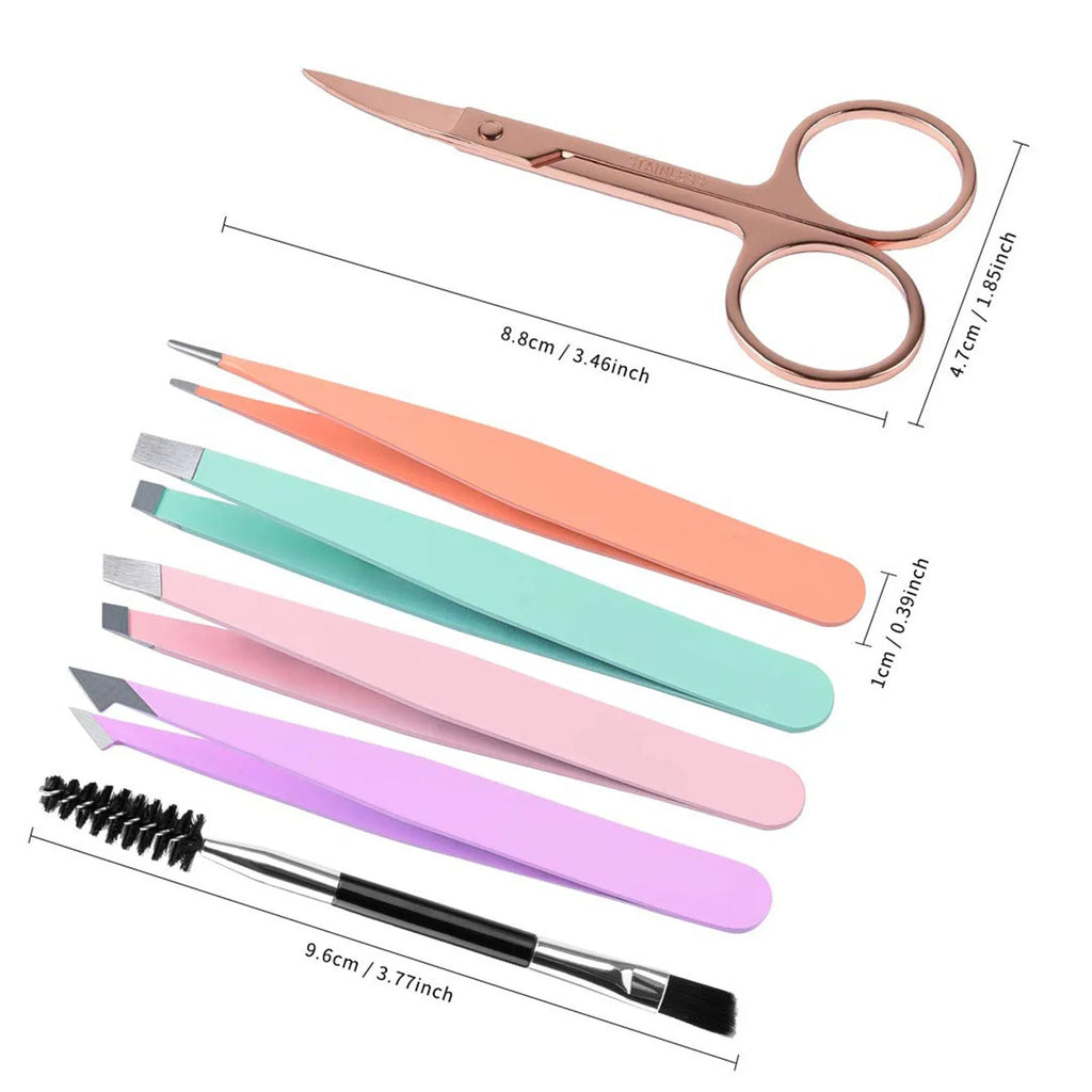Professional eyebrow tweezers set showing stainless steel tools in leather case with protective covers
