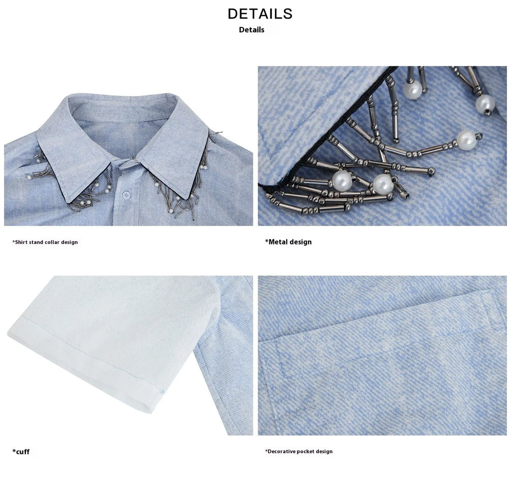 Blue and white gradient men's loose fit short sleeve shirt with quilted details