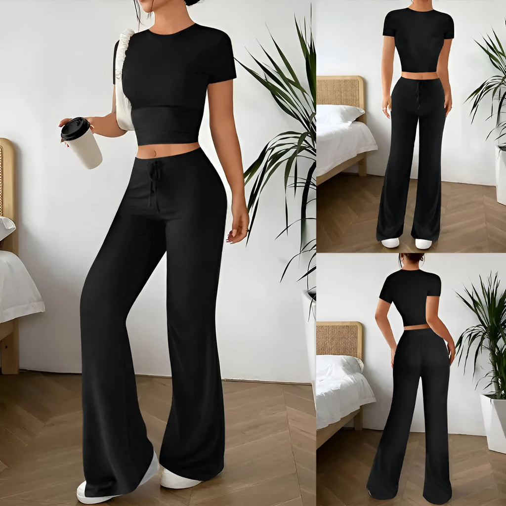 Black women's co-ord set with high waist trousers and a regular sleeve t-shirt