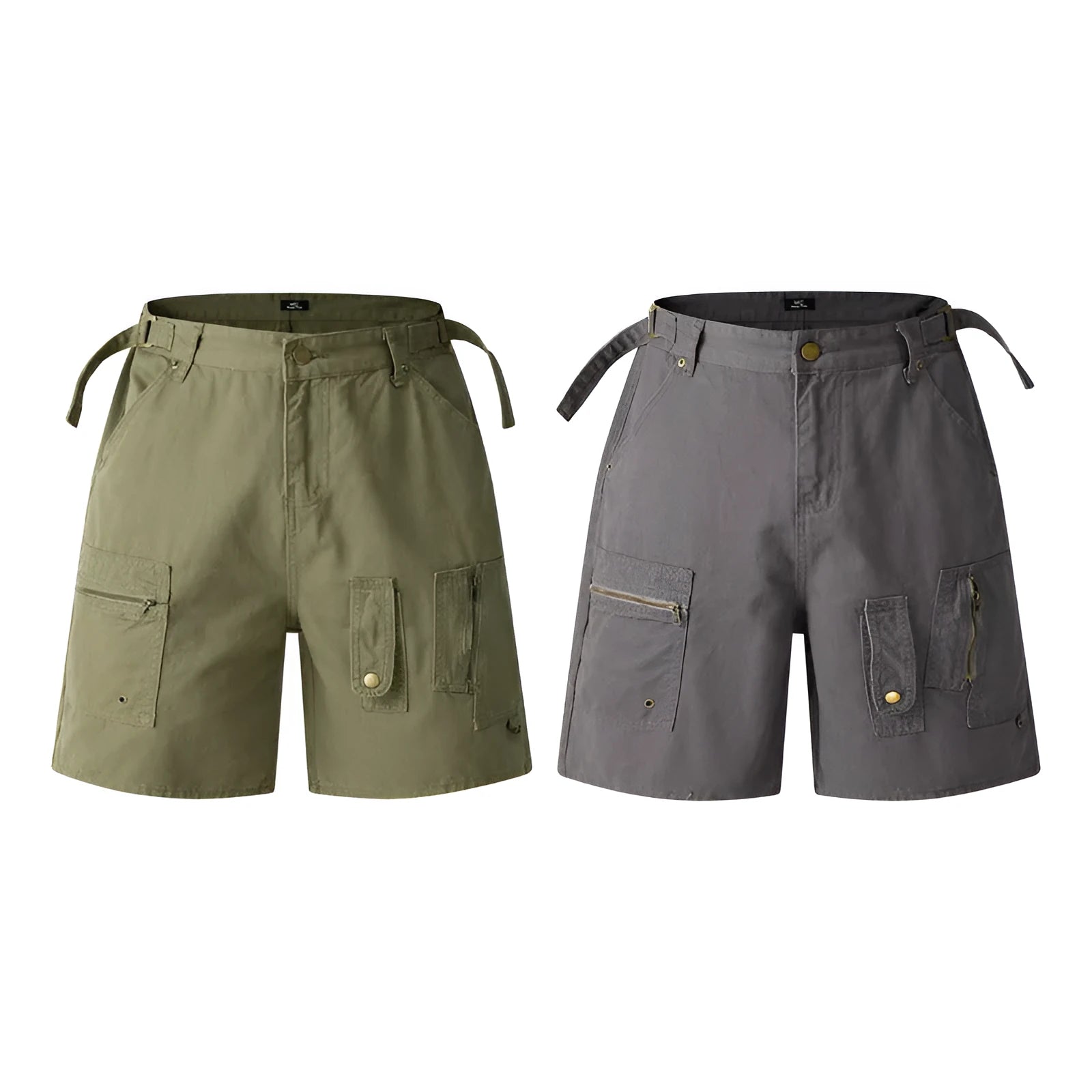 Retro washed cotton workwear shorts in loose fit with zipper, shown in grey, green, camouflage, and blue colour options.