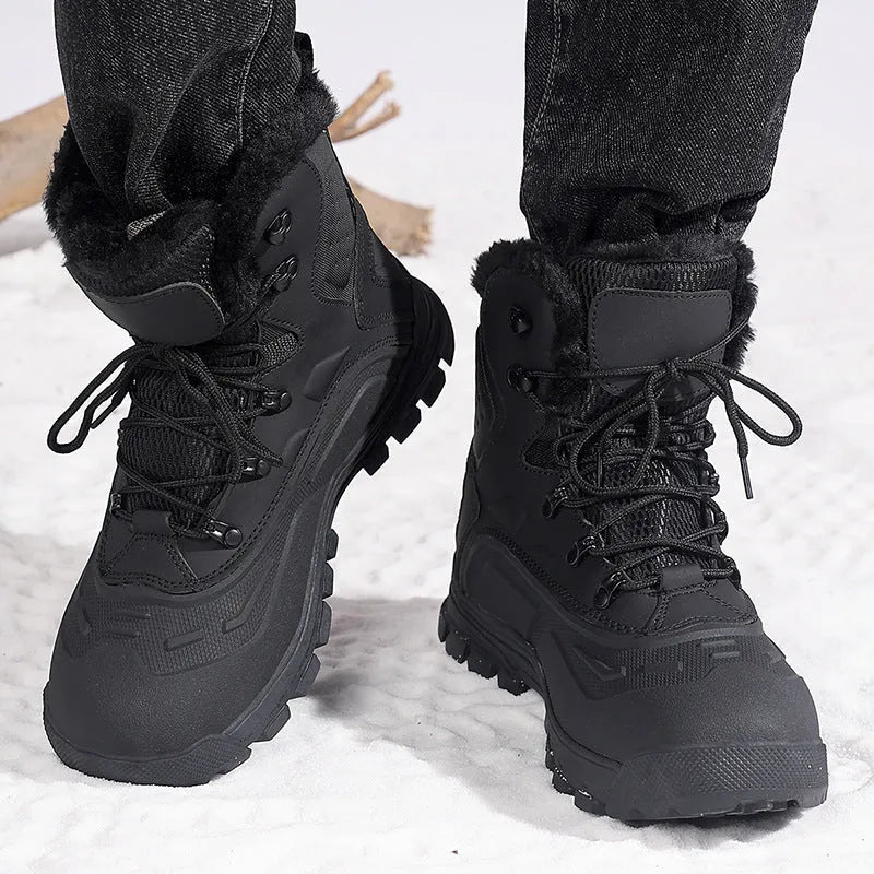 Men's black high-top lace-up boots with fleece lining, shown on a flat heel with a ribbed TPR sole.
