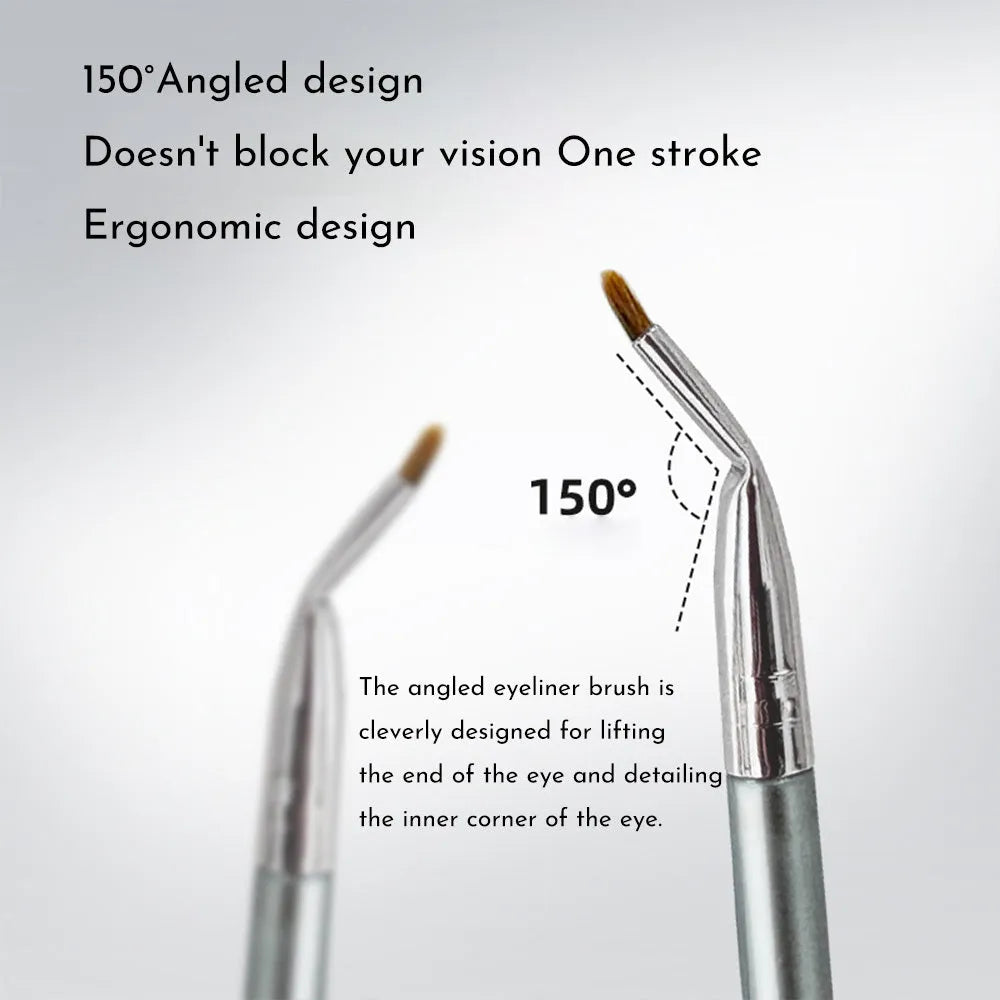 Bent head eyeliner brush for detailed eye makeup application and under-eye work