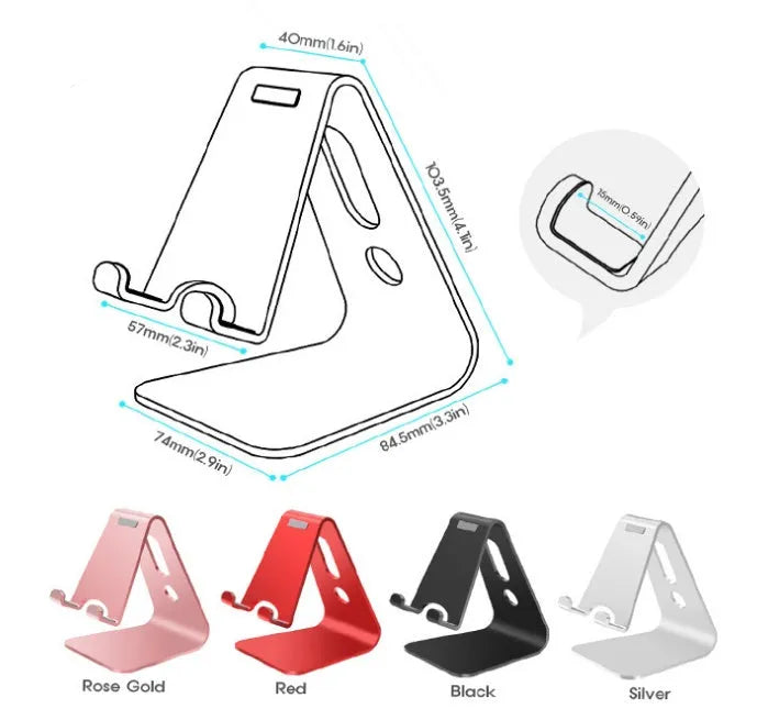 Aluminium alloy universal phone and tablet stand in silver colour on a desk