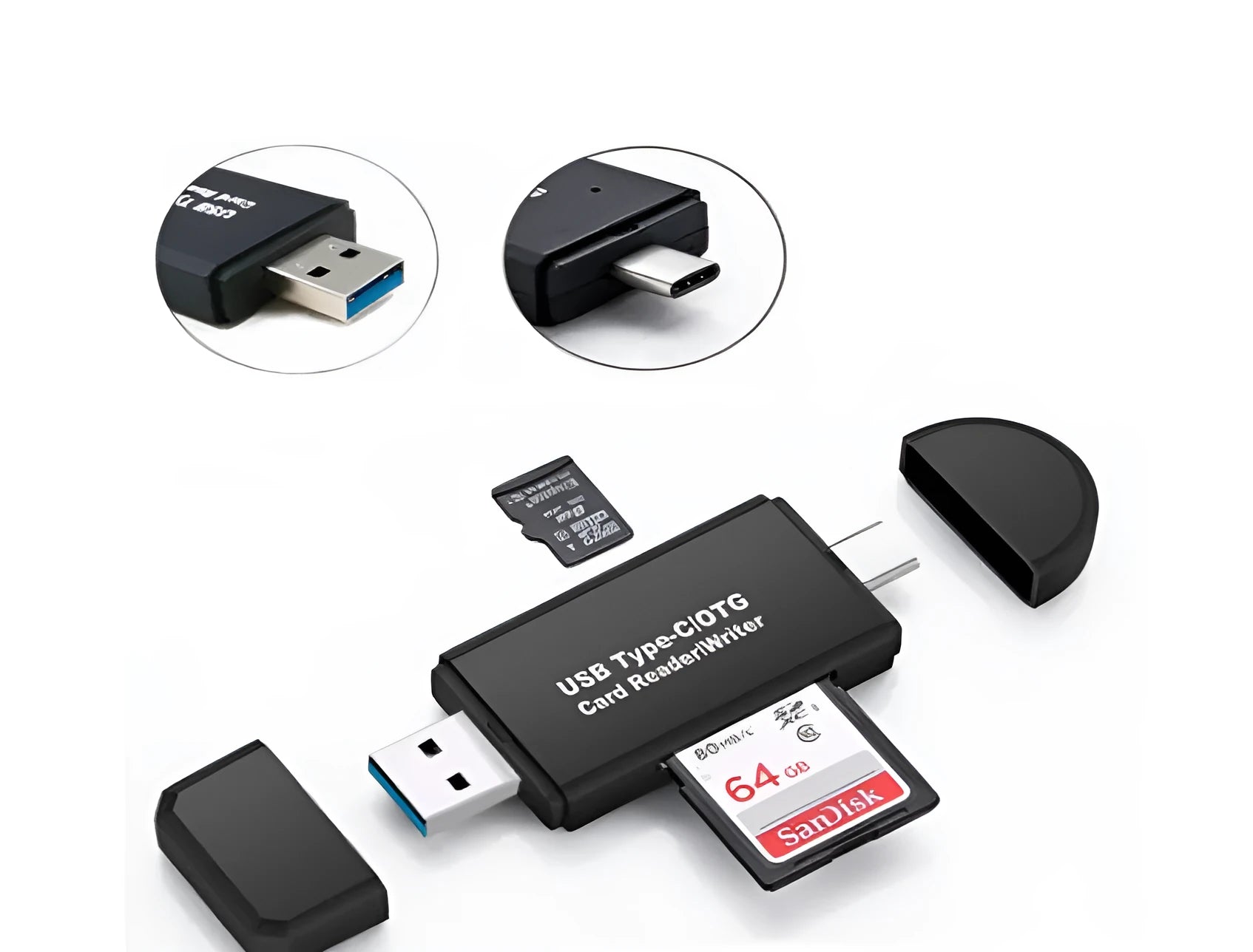 Black USB 3.0 memory card reader supporting SD and TF formats with Type-C interface