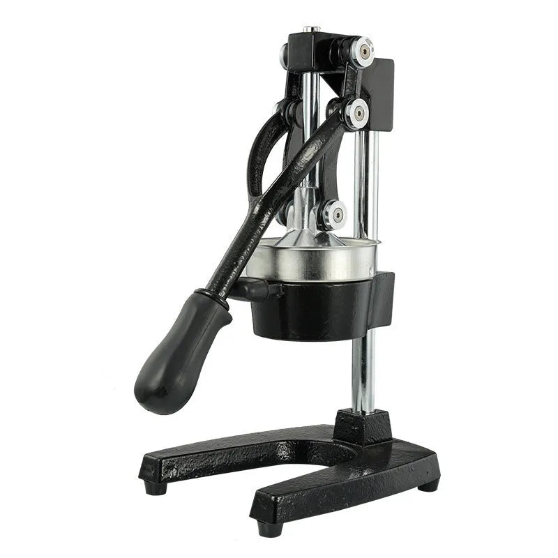 Black and white manual citrus juicer with cast iron base and stainless steel funnel