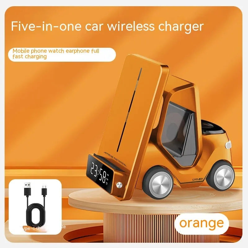 Grey 15W three-in-one wireless charging stand holding a phone, watch, and earbuds
