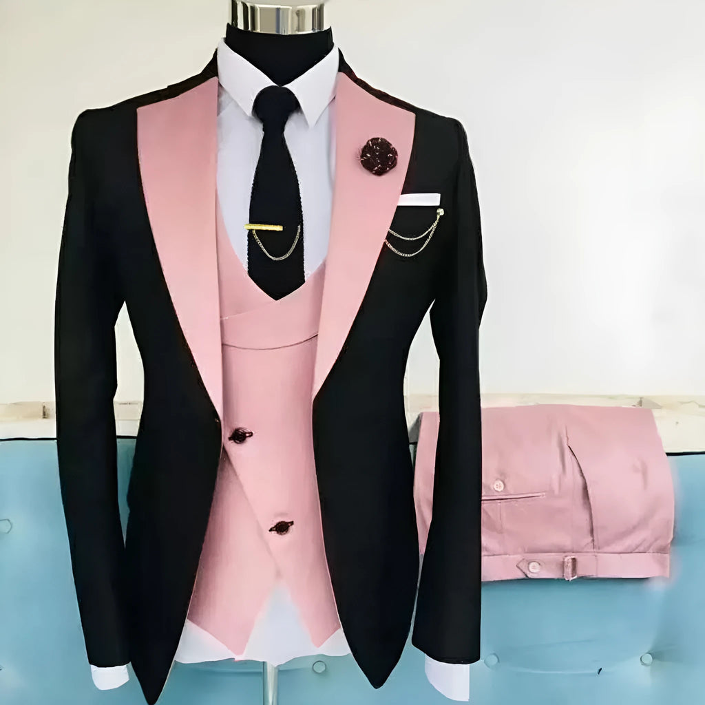 Men's slim fit three-piece business suit with coat, vest, and trousers in cotton fabric.