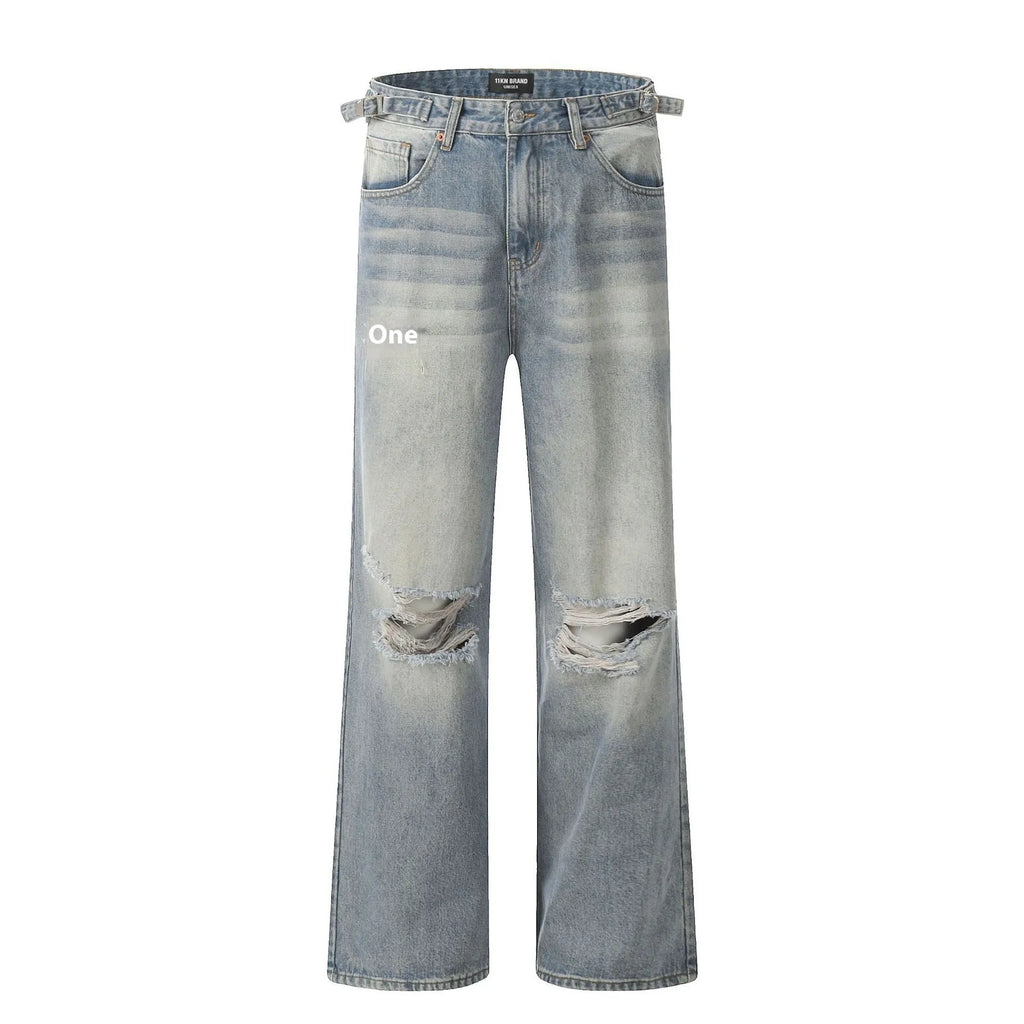 Blue straight-leg men's jeans with ripped detailing and retro summer styling